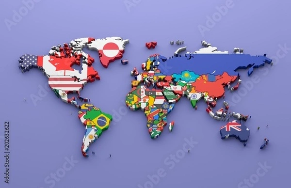 Fototapeta Mapa świata ze wszystkimi państwami i ich flagami, renderowanie 3d