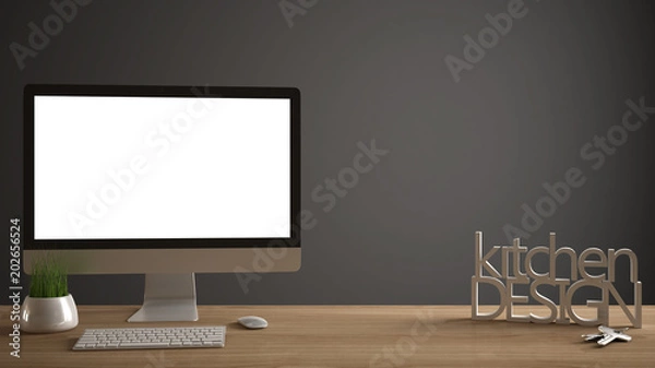 Fototapeta Desktop mockup, template, computer on wooden work desk with blank screen, house keys, 3D letters making the words kitchen design, white copy space background