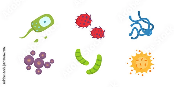 Fototapeta Set colorful viruses vector illustration. Bacteria and micro-organisms in cartoon style.