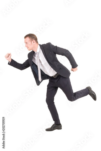 Fototapeta Businessman running forward isolated on white background