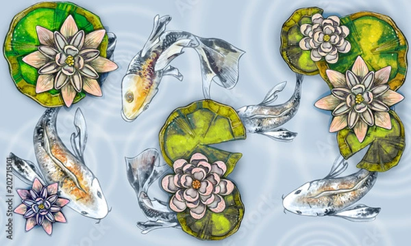 Obraz Artistic composition. Goldfish, lotus, water lilies. Leaves on the water