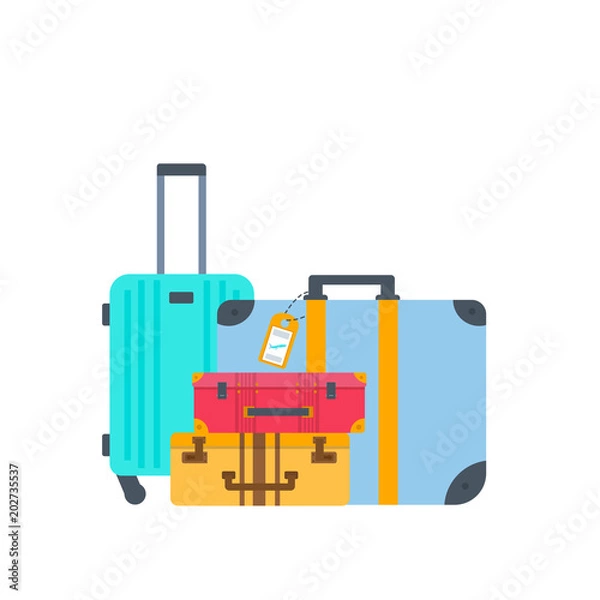 Fototapeta Different types of baggage, luggage, suitcase isolated on white
