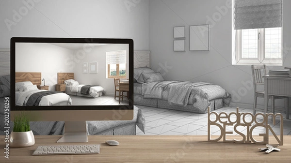 Fototapeta Architect designer project concept, wooden table with keys, 3D letters words bedroom design and desktop showing draft, blueprint CAD sketch in the background, white interior design