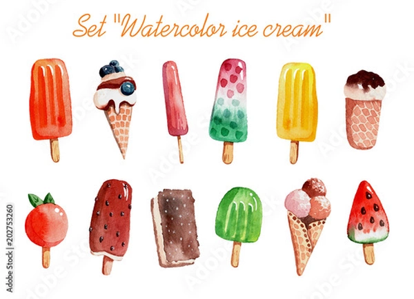 Fototapeta A set of summer ice cream, in a watercolor style.