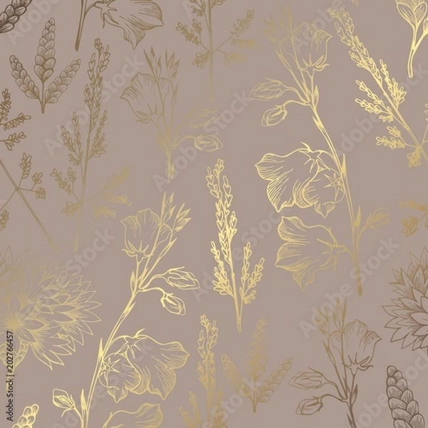 Fototapeta Luxury golden pattern with wildflowers on a brown background. Elegant decorative vector pattern