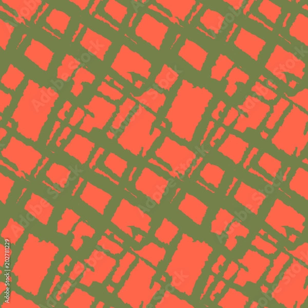 Fototapeta Seamless grunge pattern in orange-red and green colors. Abstract brick backdrop, lattice background, urban camouflage.