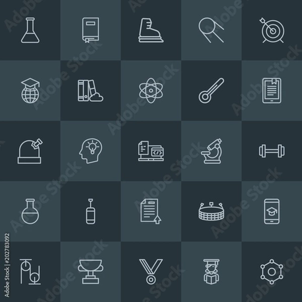 Fototapeta Modern Simple Set of science, sports, education Vector outline Icons. Contains such Icons as  award,  chemical, stadium, chemistry,  element and more on dark background. Fully Editable. Pixel Perfect.