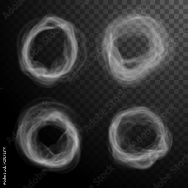 Fototapeta White smoke puffs circle background. Smoke isolated transparent special effect. Vector illustration.