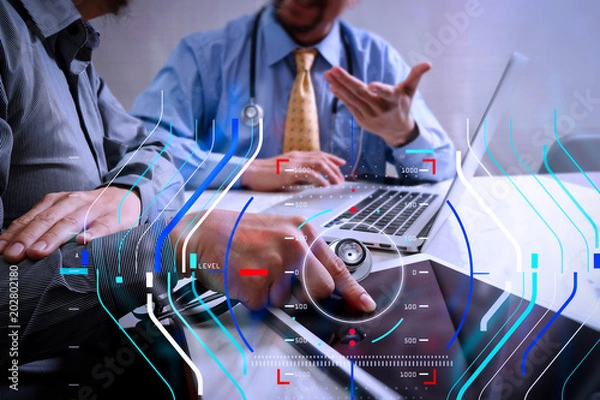 Fototapeta Medical technology network team meeting concept. Doctor hand working smart phone modern digital tablet laptop computer graphics chart interface, sun flare effect photo