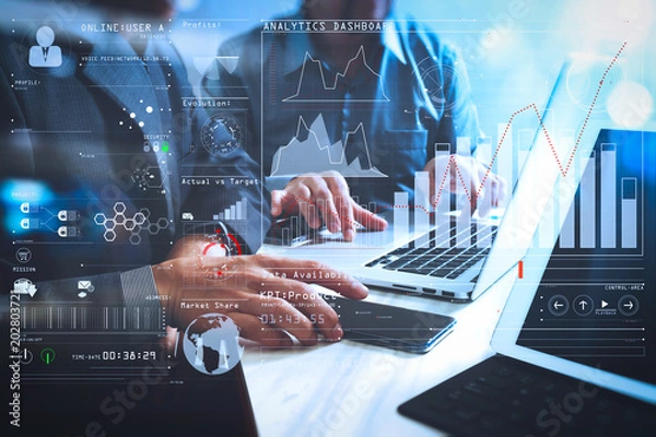 Fototapeta Business team meeting. Photo professional investor working new start up project. Finance task.Digital tablet docking keyboard laptop computer smart phone using, filter film effect