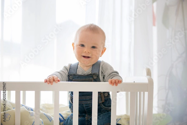 Fototapeta Smiling toddler boy, playing with little rabbit toy in crib