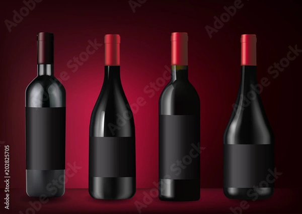 Fototapeta Vector illustration. Set of red wine bottles in photorealistic style. A realistic objects on dark red background. 3D Realism.