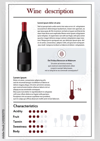 Fototapeta Vector illustration.Brochure,form describing the characteristics of red wine.Feed temperature,brief description,history of origin, tableware glass for serving,taste criteria.Tannins,acidity,fortress.