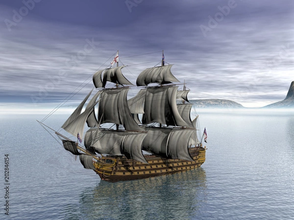 Fototapeta 3D rendering the of HMS Victory whit british flags on calm water
