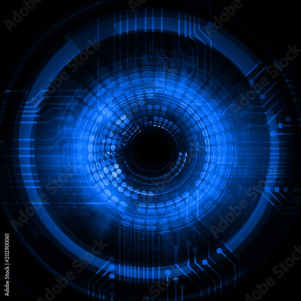 Fototapeta binary circuit board future technology, blue eye cyber security concept background, abstract hi speed digital internet.motion move blur. pixel