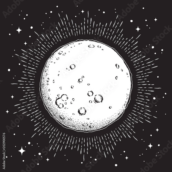 Obraz Ręcznie rysowane grafiki liniowej w stylu antycznym i kropki w pełni księżyca z promieniami światła. Boho chic tatuaż lub ilustracja wektorowa wzór wydruku?