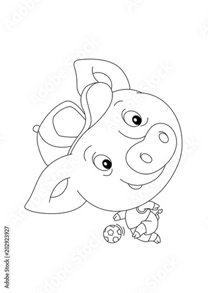 Obraz cartoon scene with happy funny and young pig playing football - on white background - coloring page - illustration for children