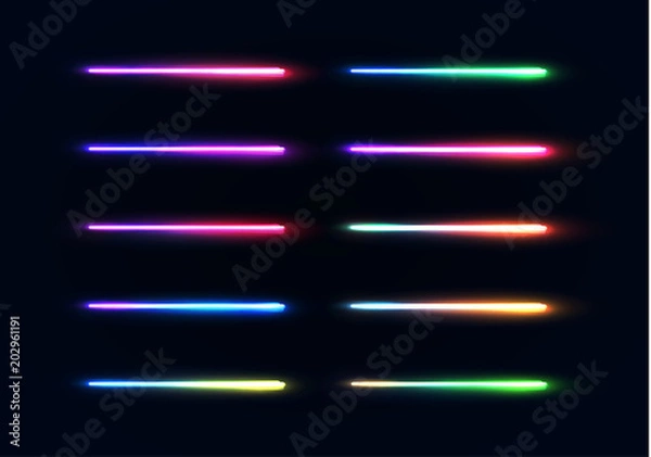 Fototapeta Zestaw lamp neonowych. Kolekcja kolorowe świecące linie na białym tle na ciemnym niebieskim tle. Zestaw elementów świetlnych lamp z gradientem na nocną imprezę lub projekt gry. Ilustracja wektorowa jasny kolor.