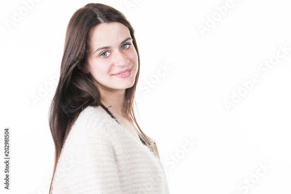 Obraz young beautiful brunette girl smiling looking at camera in white background