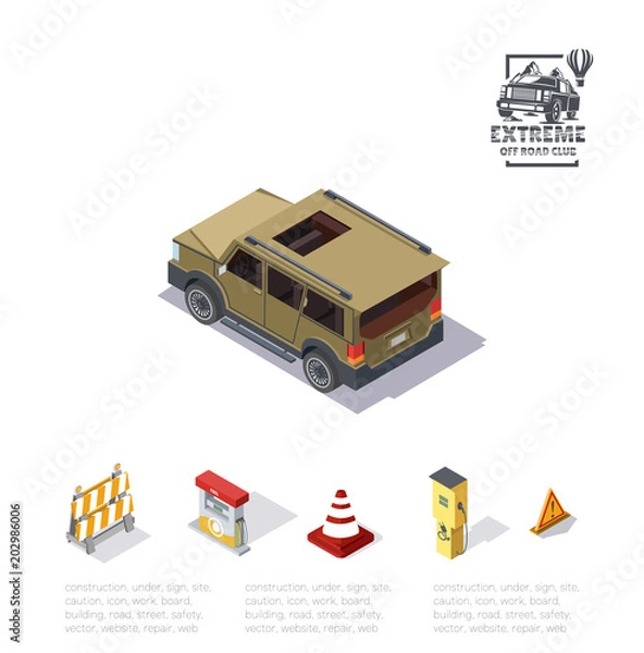 Fototapeta off-road car in isometric view, rear view vector illustration