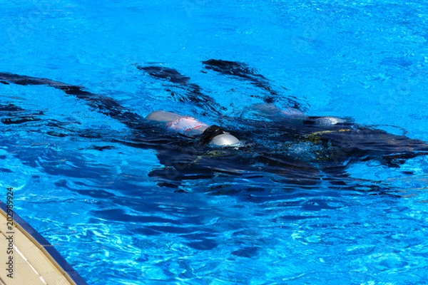 Obraz Divers sink in the pool. The teacher teaches the pupil the rules and the lesson of diving. Travel, water sports in the open air, scuba diving lessons.