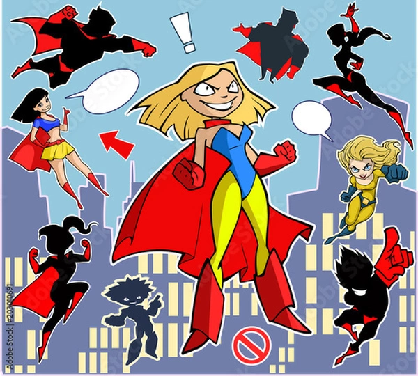 Fototapeta Bright and colorful cartoon set of funny and awesome superheroes stickers in cool  costumes flying above the city 
ready to help and rescue