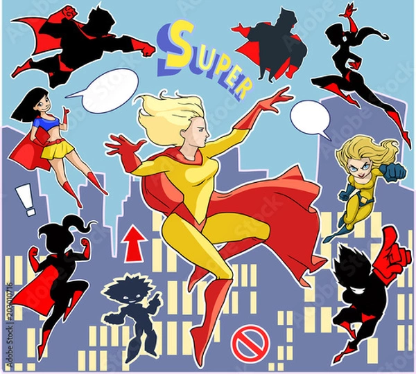 Fototapeta Bright and colorful cartoon set of funny and awesome superheroes stickers in cool  costumes flying above the city 
ready to help and rescue