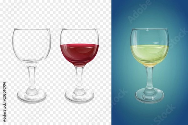 Fototapeta Wineglass 3D vector illustration of realistic crockery for wine. Isolated transparent glasses or glassware mockup template models set for alcoholic drinks, empty and with half of white and red wine