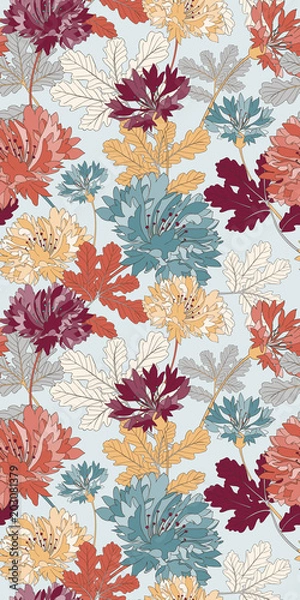 Fototapeta Bright Summer Seamless Vector Pattern Botanical Textile Art Design Flower Vintage Leaf