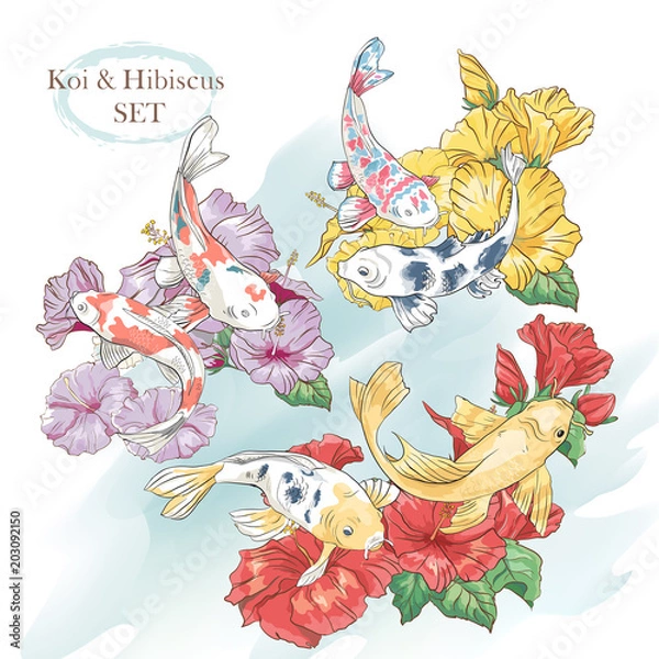 Obraz Beautiful set of floral composition with exotic blooms of hibiscus and koi fish