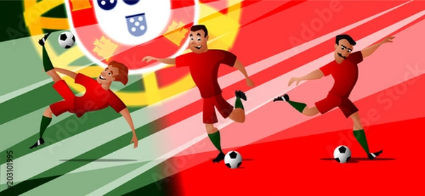 Obraz A set of the team Portugal football or soccer players kicking the ball. Isolated from background. Drawn in a cartoon style.