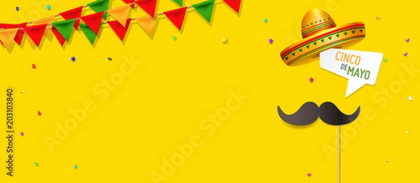 Fototapeta Simple Cinco De Mayo design concept vector. Moustache on a stick with a speech bubble Cinco De Mayo. Cinco De Mayo design with open space for your text.