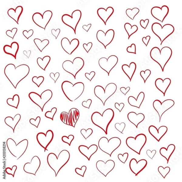 Fototapeta Set of outline hand drawn heart icon. Hand drawn doodle grunge hearts vector set. Rough marker hearts isolated on white background. Vector collection for your graphic design.