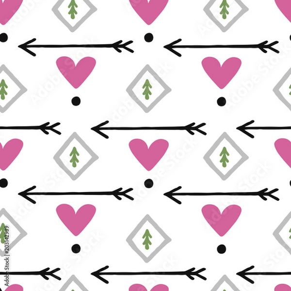 Obraz Ethnic scandinavian seamless pattern for background, textile, wrapper. Arrow, heart, dots.