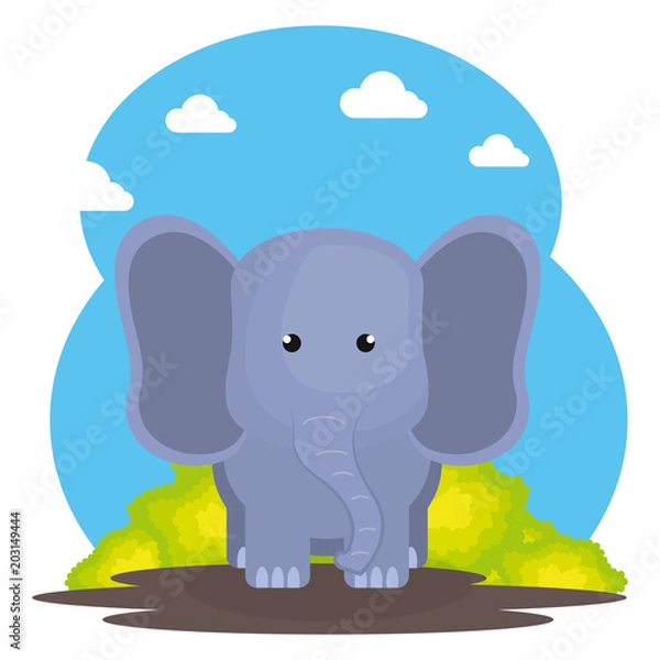Fototapeta cute elephant in the field landscape character vector illustration design