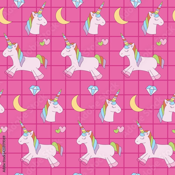 Obraz Unicorn pattern in contrast pink. A playful, modern, and flexible pattern for brand who has cute and fun style. Repeated pattern. Happy, bright, and magical mood.
