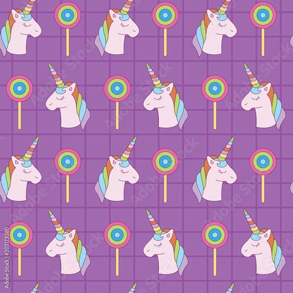 Fototapeta Purple square of unicorn and lollipop. A playful, modern, and flexible pattern for brand who has cute and fun style. Repeated pattern. Happy, bright, and magical mood.