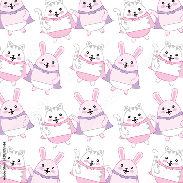 Fototapeta cute rabbit and cat with cloak pattern kawaii character vector illustration design