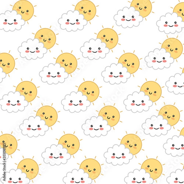 Fototapeta cute cloud with sun pattern kawaii character vector illustration design