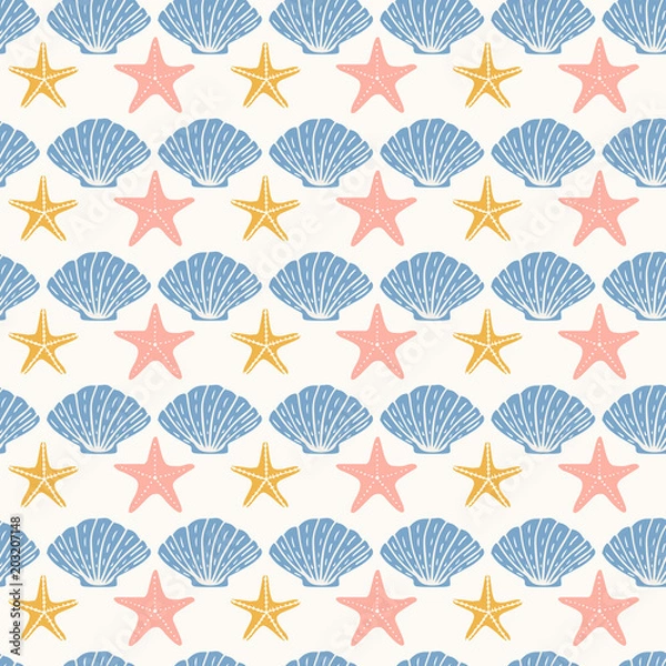 Fototapeta Shell and star fish seamless background
