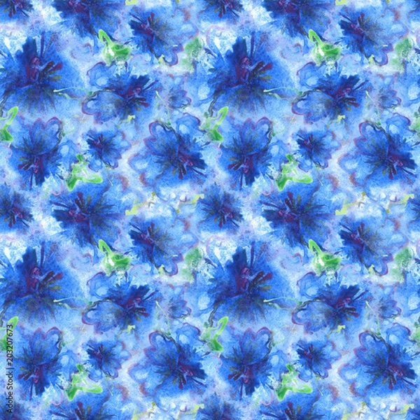 Fototapeta Floral Watercolor Pattern. Summer Vintage Flower Print. Modern Dress Design. Bud Repeating Wallpaper Design. Meadow Flowers Illustration. Spring Illustration for Textile. Exotic Flower. Hibiscus.