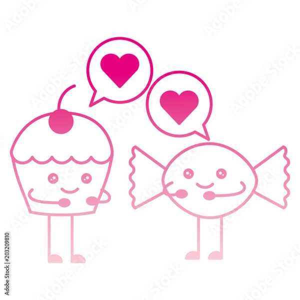 Fototapeta cup cake and candy with speech bubble kawaii character vector illustration design