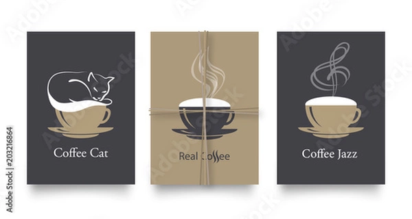 Fototapeta Vector set of modern posters in coffee style. Vintage or retro templates for flyers, invitations, restaurant or cafe menu design. Cappuccino cups with milk foam in form of cat and soaring treble clef.