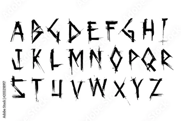 Fototapeta Alphabet set of black capital handwritten letters. Uppercase font with semi-dry brush strokes in horror style.