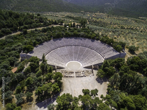 Fototapeta Aerial drone bird's eye view photo of ancient theater Epidaurus or Epidavros, Argolida, Peloponnese, Greece