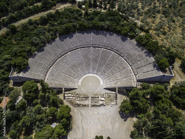 Fototapeta Aerial drone bird's eye view photo of ancient theater Epidaurus or Epidavros, Argolida, Peloponnese, Greece