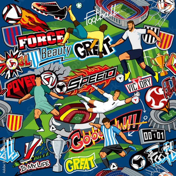 Obraz Soccer background. Seamless pattern. Football attributes, football players of different teams, balls, stadiums, graffiti, inscriptions. Vector graphics. Blue background