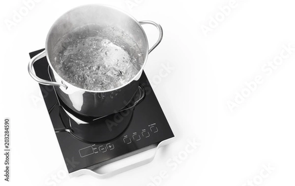 Obraz Portable induction cooktop and frying pan on white background