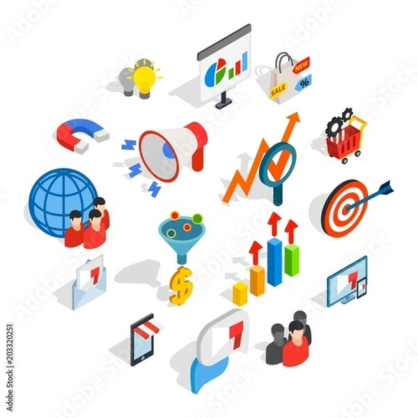 Fototapeta Marketing icons in isometric 3d style. Media set collection isolated vector illustration