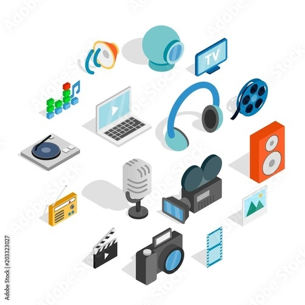 Fototapeta Isometric media icons set. Universal media icons to use for web and mobile UI, set of basic media elements isolated vector illustration
